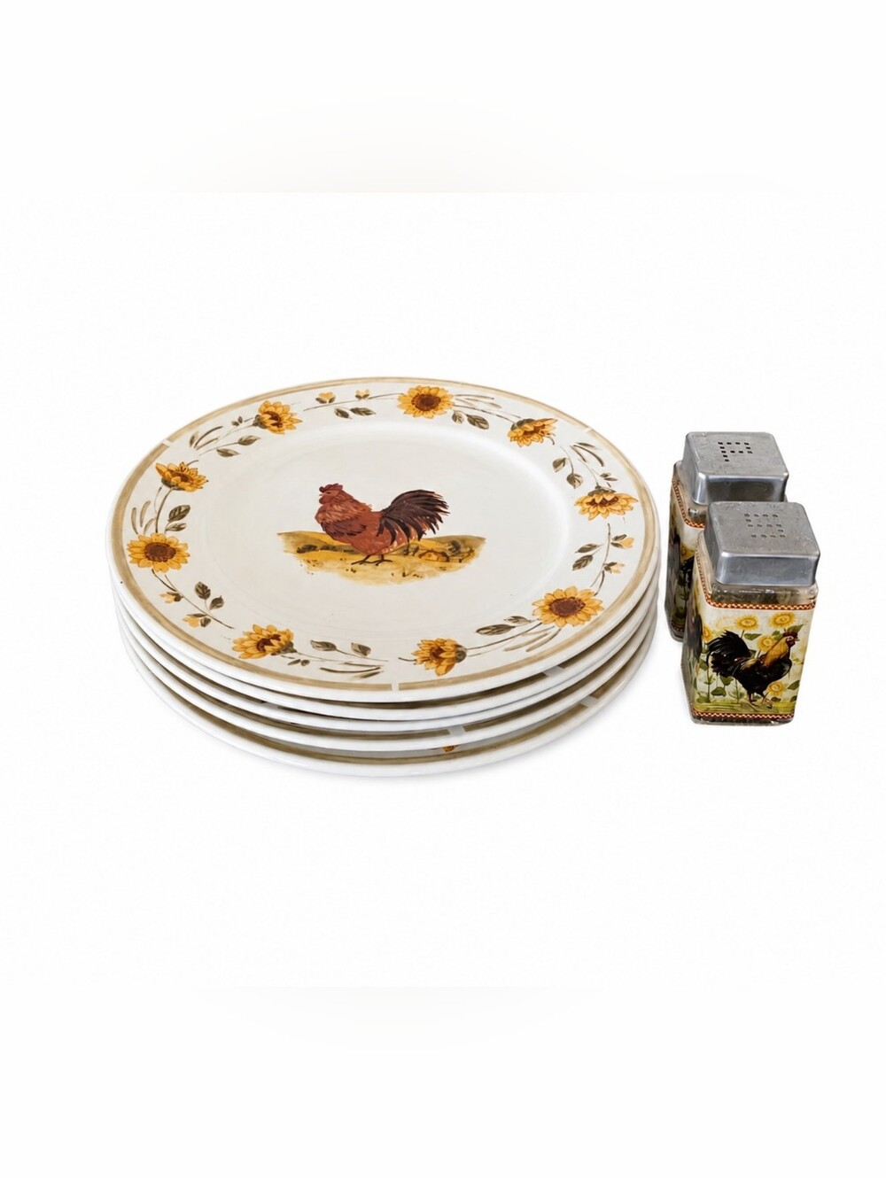 Gibson Everyday Rooster Dinner Plates Set of 5 + Matching Salt & Pepper Shakers